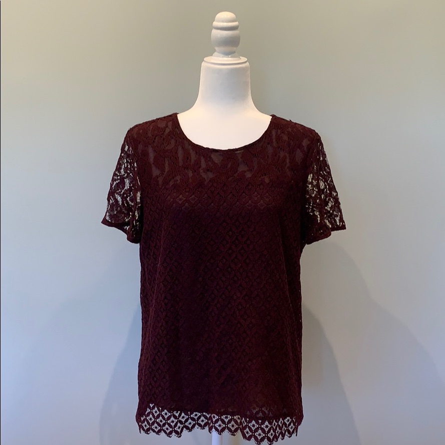 Ann Taylor Burgundy Lace Short Sleeve Top